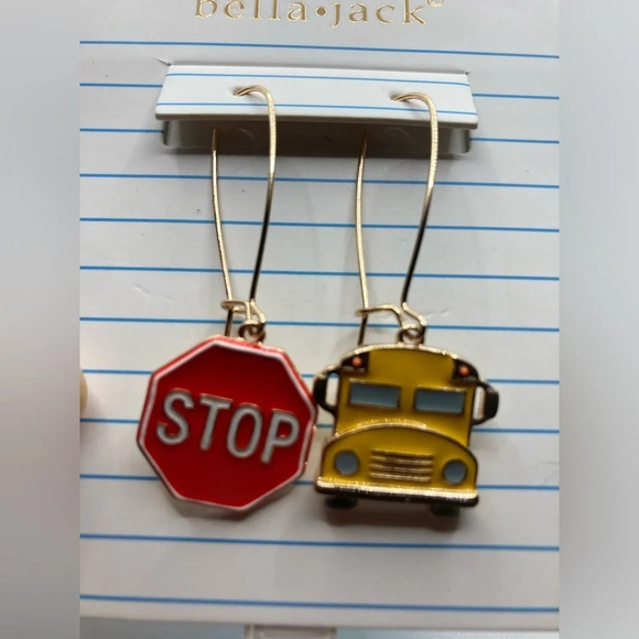 BELLA JACK Mismatched Back to School Bus & Stop Sign Dangle Earrings NEW NWT - Picture 4 of 4